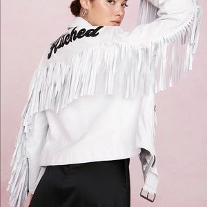 Nasty Gal bridal graphic real leather fringe oversized moto jacket size small